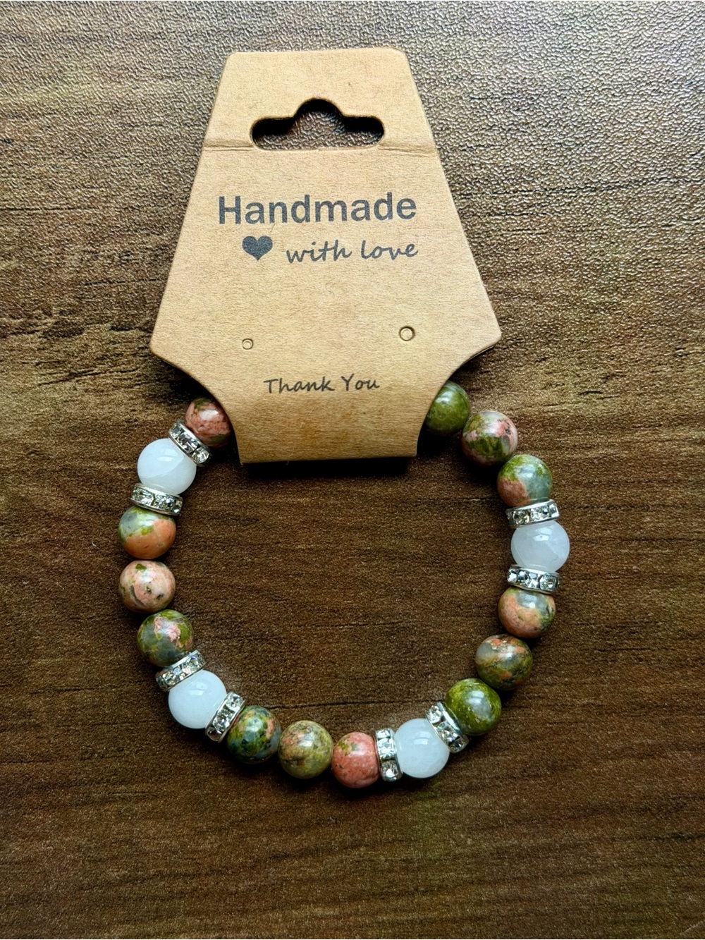 Handmade Unakite and white jade Stretch Bracelet